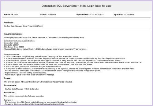 
                            5. Datamaker: SQL Server Error 18456- Login failed fo - CA Knowledge