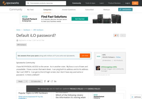 
                            5. Default iLO password? - HPE Hardware - Spiceworks Community