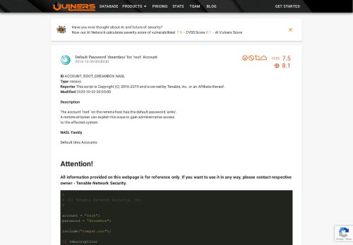 
                            7. Default Password 'dreambox' for 'root' Account - Vulners