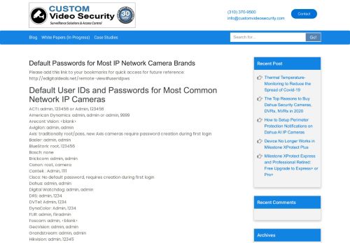 
                            9. Default Passwords for Most IP Network Camera Brands - case-studies