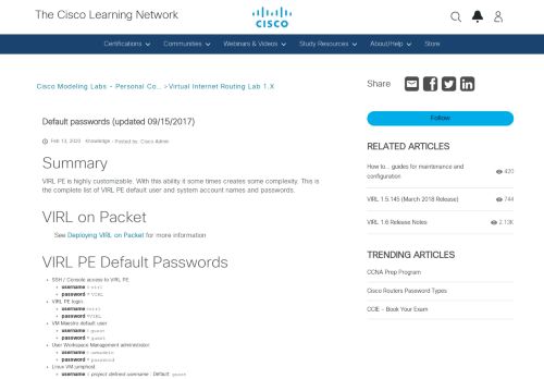 
                            5. Default passwords (updated 09/15/2017) - 30161 - The Cisco ...