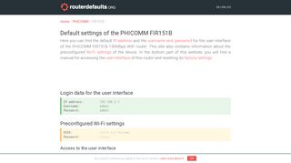 
                            5. Default settings of the PHICOMM FIR151B - routerdefaults.org