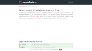 
                            4. Default settings of the Telekom Speedport Entry 2 - routerdefaults.org