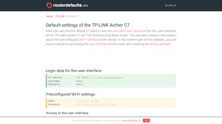 
                            5. Default settings of the TP-LINK Archer C7 - routerdefaults.org