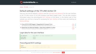 
                            6. Default settings of the TP-LINK Archer C9 - routerdefaults.org