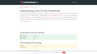 
                            8. Default settings of the TP-LINK TD-W8951ND - routerdefaults.org