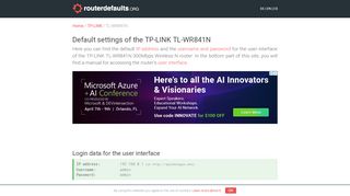 
                            6. Default settings of the TP-LINK TL-WR841N - routerdefaults.org