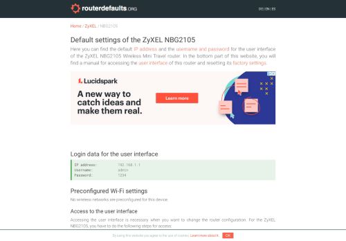 
                            12. Default settings of the ZyXEL NBG2105 - routerdefaults.org