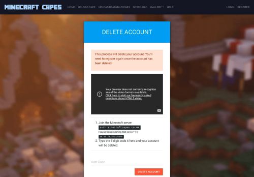 
                            6. Delete Account | MinecraftCapes.co.uk