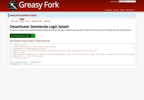 
                            11. Desactivatar Davivienda Login Splash - Codul sursă - Greasy Fork