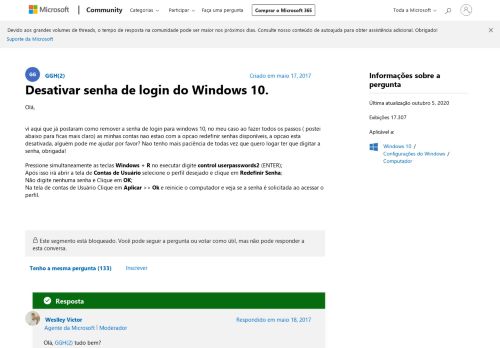 
                            2. Desativar senha de login do Windows 10. - Microsoft Community