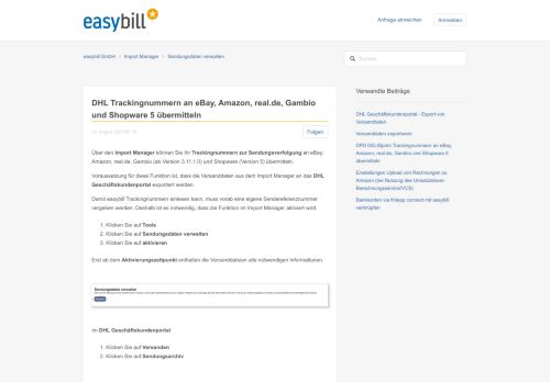 
                            5. DHL Trackingnummern an eBay, Amazon und real.de ... - easybill GmbH