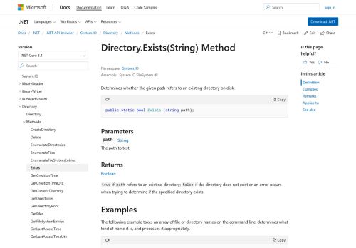 
                            4. Directory.Exists(String) Method (System.IO) | Microsoft Docs
