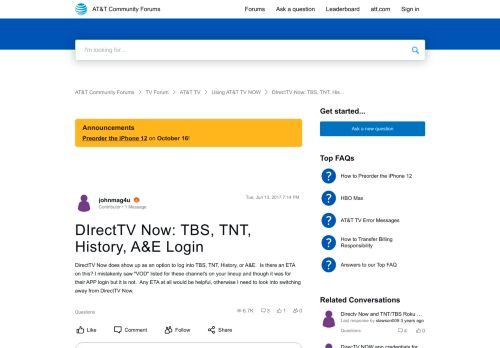 
                            12. DIrectTV Now: TBS, TNT, History, A&E Login - AT&T Community