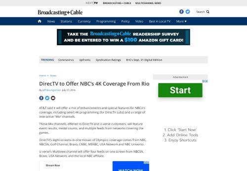 
                            12. DirecTV to Offer NBC's 4K Coverage From Rio - Broadcasting & Cable