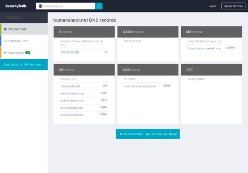 
                            13. DNS records for humaneland.net | SecurityTrails.com