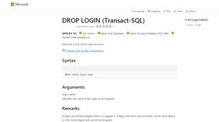 
                            4. DROP LOGIN (Transact-SQL) - SQL Server | Microsoft Docs