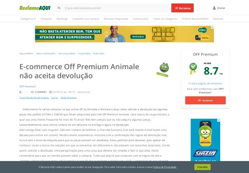
                            13. E-commerce Off Premium Animale não aceita devolução - Reclame Aqui
