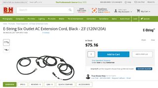 
                            12. E-String Six Outlet AC Extension Cord, Black - 23' 50116BA B&H