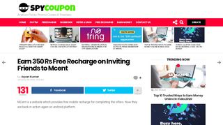 
                            5. Earn 350 Rs Free Recharge on Inviting Friends to Mcent | SpyCoupon