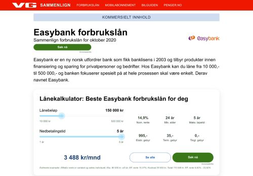 
                            10. Easybank forbrukslån sammenlignet januar 2019 - VG Sammenlign