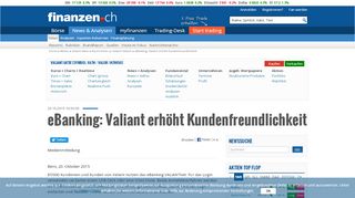 
                            9. eBanking: Valiant erhöht Kundenfreundlichkeit | 20.10.15 | finanzen.ch