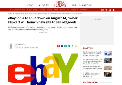 
                            5. eBay India to shut down on August 14, owner Flipkart will launch new ...