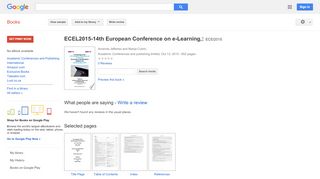 
                            12. ECEL2015-14th European Conference on e-Learning,: ECEl2015 - Google Books Result