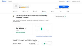 
                            10. EFU Hemayah Takaful Sales Consultant Salaries in Pakistan - Indeed