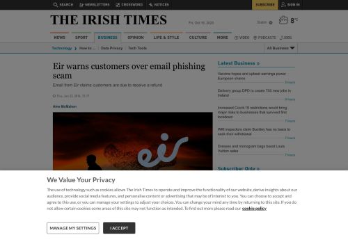 
                            9. Eir warns customers over email phishing scam - The Irish Times