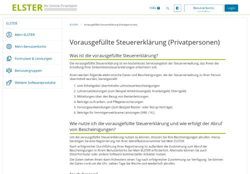 
                            1. ELSTER - Vorausgefüllte Steuererklärung (Privatpersonen)