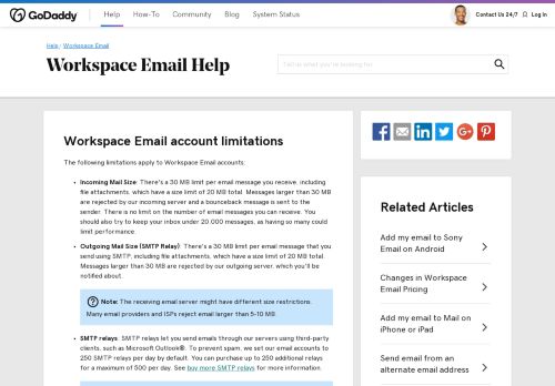 
                            2. Email account limitations | Workspace Email - GoDaddy Help US