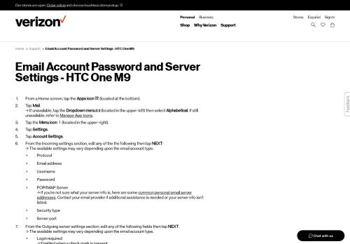 
                            7. Email Account Password and Server Settings - HTC One M9 | Verizon ...