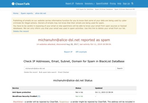 
                            7. Email michanuhn@alice-dsl.net spam report - CleanTalk