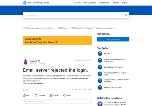 
                            11. Email server rejected the login. - AT&T Community
