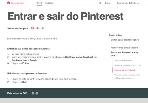 
                            8. Entrar no Pinterest e sair dele | Pinterest help