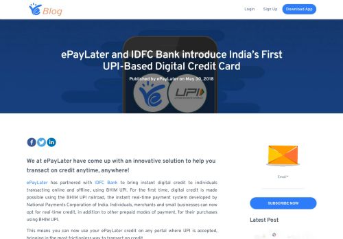 
                            9. ePayLater & IDFC Bank Create India's 1st UPI Based Digital Credit Card