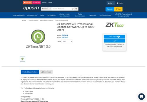 
                            10. EPCOM: ZKTN-3P-ZKTECO - ZK TimeNet 3.0 Professional License ...