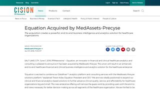 
                            12. Equation Acquired by MedAssets-Precyse - PR Newswire