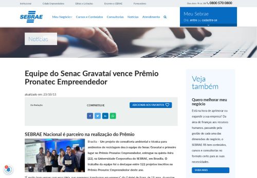 
                            7. Equipe do Senac Gravataí vence Prêmio Pronatec Empreendedor