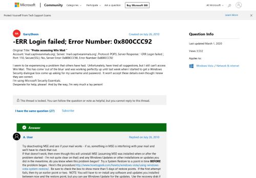 
                            1. -ERR Login failed; Error Number: 0x800CCC92 - Microsoft Community