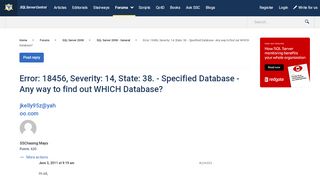 
                            7. Error: 18456, Severity: 14, State: 38. - Specified Database - Any ...