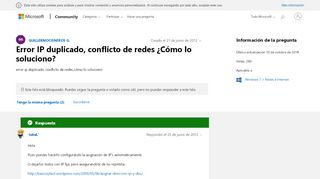 
                            10. Error IP duplicado, conflicto de redes ¿Cómo lo - Microsoft Community