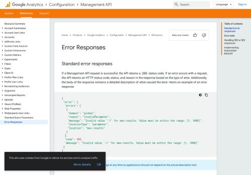 
                            8. Error Responses | Analytics Management API | Google Developers