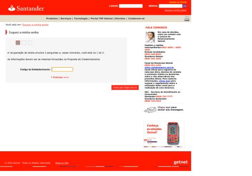 
                            2. Esqueci a minha senha - Santander Getnet