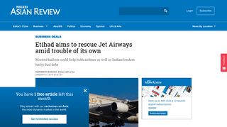 
                            11. Etihad aims to rescue Jet Airways amid trouble of its own - Nikkei ...