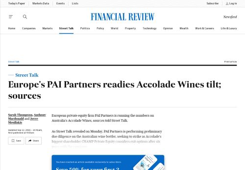 
                            10. Europe's PAI Partners readies Accolade Wines tilt; sources