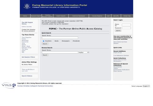 
                            10. Ewing Memorial Library iPortal - Forman Christian College