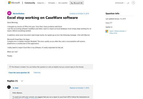 
                            12. Excel stop working on CaseWare software - Microsoft Community