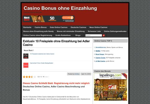 
                            11. Exklusiv 10 Freispiele ohne Einzahlung bei Adler Casino